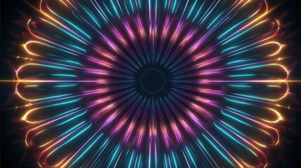 Abstract Neon Light Burst, Colorful Radial Design on Black.