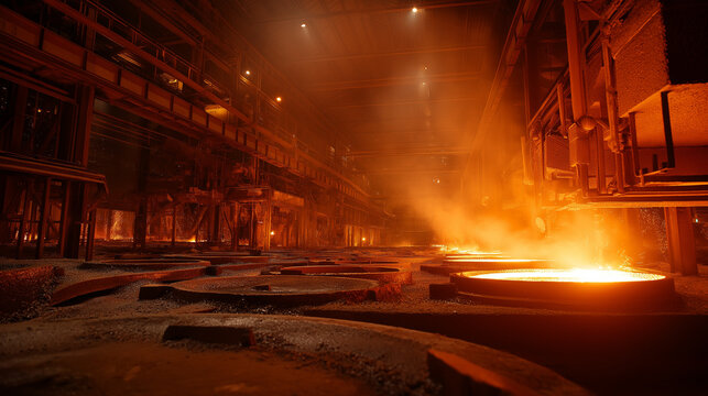 steel mill, toy-like workers forging metal