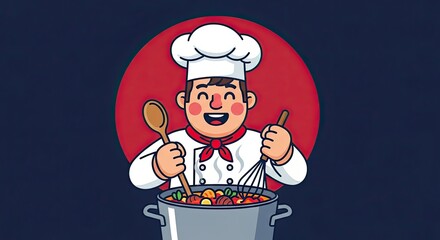 Cartoon chef stirring a pot of food with a spoon and whisk, set against a red circle and dark blue background.