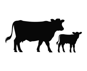 Fototapeta premium Mother Cow and Calf Silhouette Farm Animal Vector