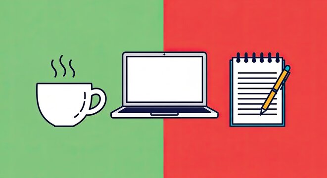 Illustration of a coffee cup, laptop computer, and notepad with a pen on a split background.