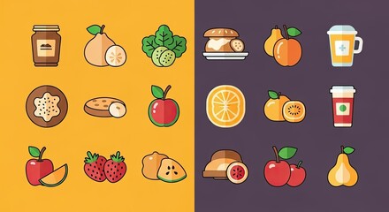 A vibrant collection of flat design food and drink icons, including fruits, desserts, and beverages, displayed on a split yellow and dark purple background.