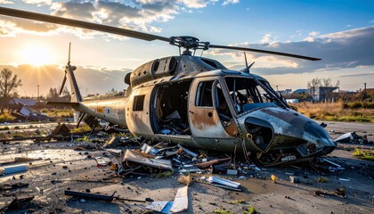 Damaged Helicopter at Sunrise War aftermath with broken military aircraft, and sunset background.