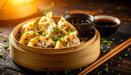 Delicious Asian Dumplings in Bamboo Steamer with Soy Sauce with CloseUp Shot.