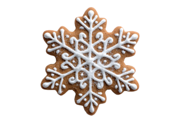 Gingerbread snowflake cookie with simple white icing on transparent background