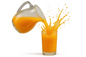 Pouring orange juice from pitcher into glass creating refreshing splash, healthy fruit beverage on transparent background