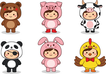 Cartoon children in animal costumes, bear, pig, cow, panda, bunny, chicken, cute kids illustration, playful design, costume party theme