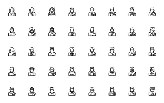 Jobs and Occupations icon set. Vector profession icos pack. Includes clerk, stdent, astronaut, builder, harmacist, actor, chef, dotor and more. Editable strke.