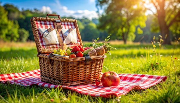 Delicious Picnic Basket on Red Checkered Blanket in Sunny Park with Fresh Fruit.