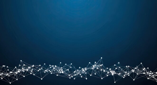 Abstract network of glowing white nodes and connections on a dark blue background.
