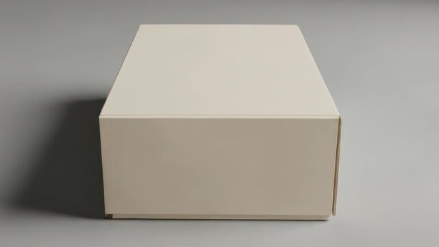 A plain, rectangular box sits on a gray surface with soft lighting