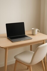 Serene Workspace a Modern Laptop on Wooden Desk with Coffee Cup and Chair in Natural Light