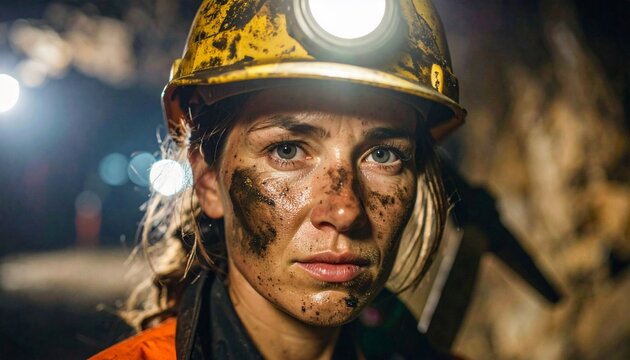 Determined Female Miner in Dark Mine Tunnel with Headlamp Labor Concept.
