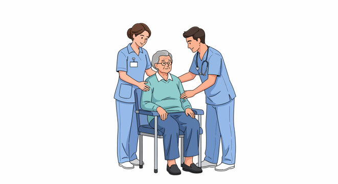 Vector illustration of two nurses providing medical assistance to an elderly woman in a wheelchair