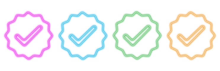 Colorful neon check mark icons set isolated on a white background representing verification approval success and confirmation in a vibrant modern style with glowing outlines © Moynul Haque