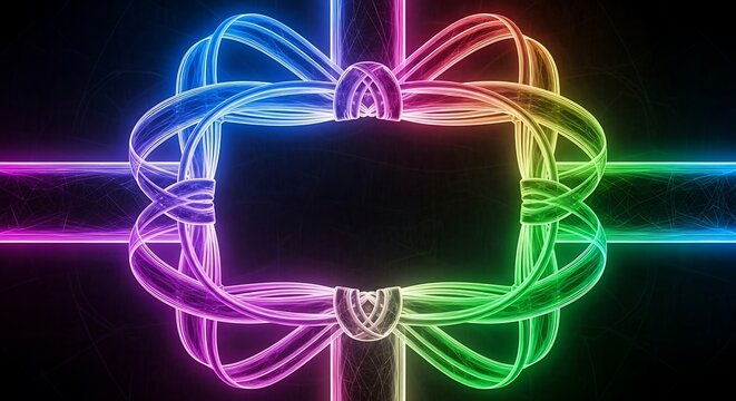 Abstract glowing rainbow ribbon frame on black background for festive designs and celebrations