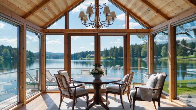 Bright wooden interior of a lakeside sunroom with large windows, offering a stunning view of calm water and lush greenery outside