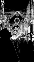 Anonymous persons profile silhouette against bright city lights.