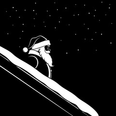 Monochrome illustration of Santa Claus in profile view.