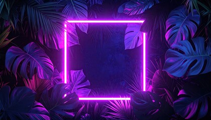 Neon square glows amid lush tropical leaves