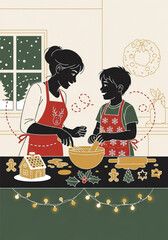 Silhouette illustration of a mother and son baking Christmas cookies together.