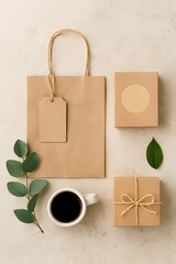 Minimalist Branding Mockup Featuring Coffee Cup, Gift Boxes and Green Leaves on a Neutral Background for Creative Presentation