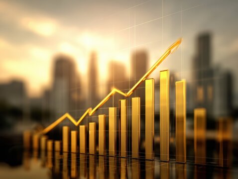 Golden Growth: Bar Chart with Rising Arrow Against Cityscape Background