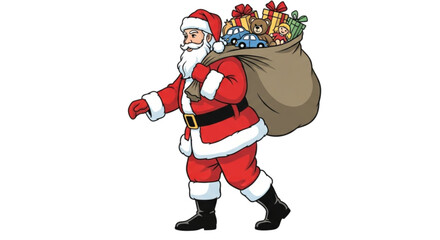 Cartoon Santa Claus walking with a large sack of Christmas gifts.