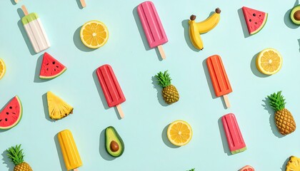 Popsicles and fruit arranged on bright blue background