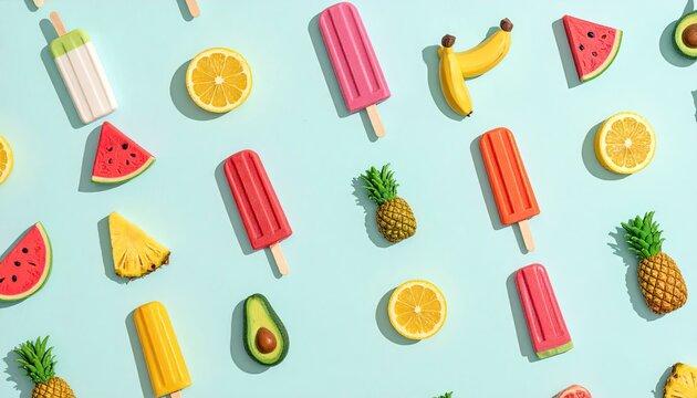 Popsicles and fruit arranged on bright blue background
