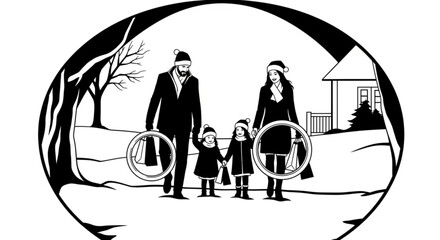 Black and white illustration of a family of four walking together.