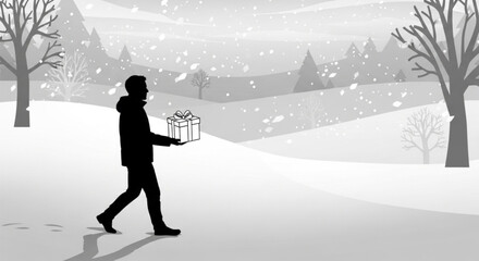 Silhouette of a person carrying gift boxes while walking through a snowy landscape.