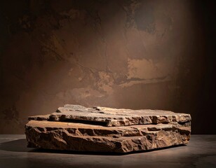 Rustic stone podium before a textured brown backdrop