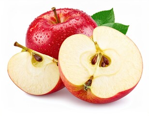 Shiny red apple, cut slices, leaves; healthy and ripe