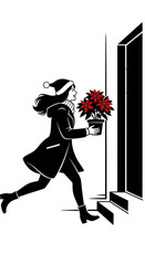 Woman in a Santa hat running with a poinsettia plant for Christmas delivery.