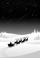 Silhouette of Santa Claus riding his sleigh with a team of reindeer.