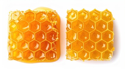 Two golden honeycomb pieces, one dripping with honey