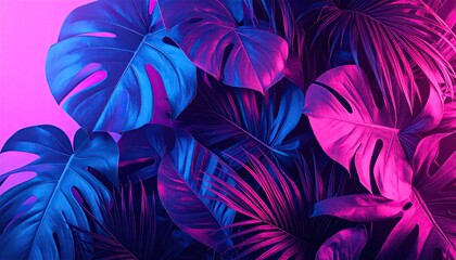 Vivid tropical foliage glows pink and blue in neon light