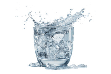 Water splash in glass with ice cubes on transparent background