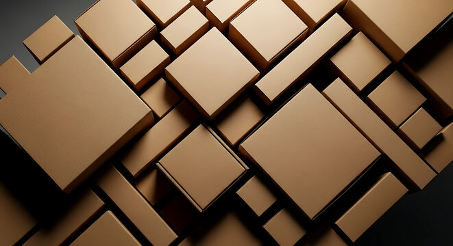 A 3D abstract composition of overlapping cardboard boxes forming geometric patterns in warm tones.
