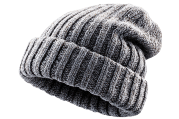 Knitted Beanie Hat in Neutral Gray Shades Isolated on Transparent Background