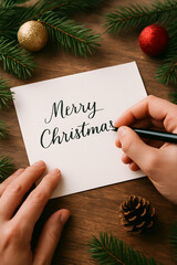 Hands writing a Merry Christmas card with pine branches and ornaments