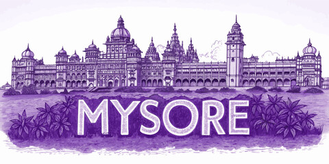 Obraz premium Mysore Skyline Sketch with Chamundi Hill, Mysore Palace, and St. Philomena’s Church | Cultural Art for Travel, Tourism, Poster & Souvenir Use