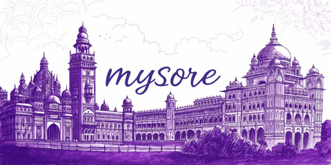 Obraz premium Mysore Skyline Sketch with Chamundi Hill, Mysore Palace, and St. Philomena’s Church | Cultural Art for Travel, Tourism, Poster & Souvenir Use