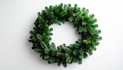 Green fir wreath with three pinecones, against a white wall