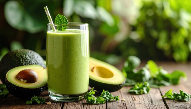 Fresh Green Smoothie with Avocado with Kale, and and Mint on Rustic Wood Background.