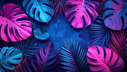 Neon foliage collage vivid pink and blue monstera, palm leaves