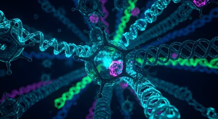 A detailed, futuristic visual centered on a glowing cellular structure surrounded by DNA helices and molecular bonds in neon colors. Ideal for advanced concepts in virology, genetic engineering.