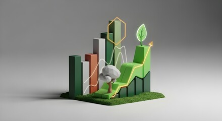 3D graph showing business growth and a rising trend line culminating in a glowing green leaf, symbolizing sustainable investment (ESG), environmental success, and eco-friendly finance.