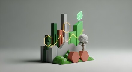 3D bar chart showing a rising financial trend line culminating in a glowing green leaf, representing ESG (Environmental, Social, and Governance) investing and sustainable business metrics.